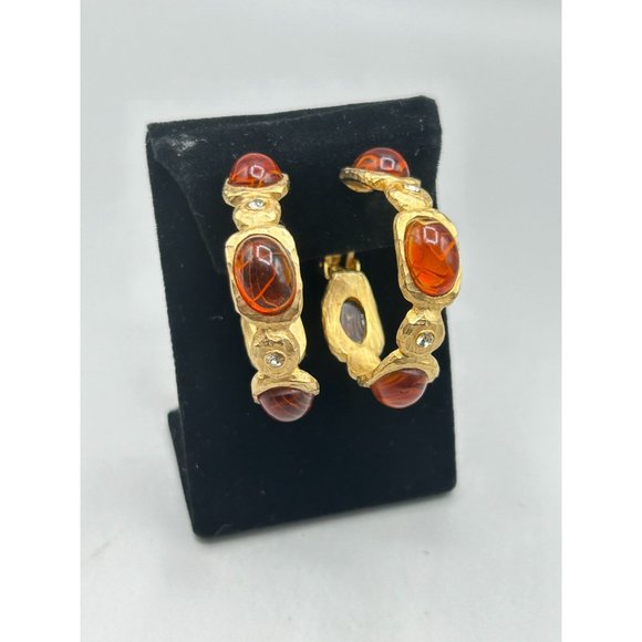 Signed Kenneth Lane Clip On Hoops Earrings Flawed Faux Carnelian Cabochons - Picture 3 of 9